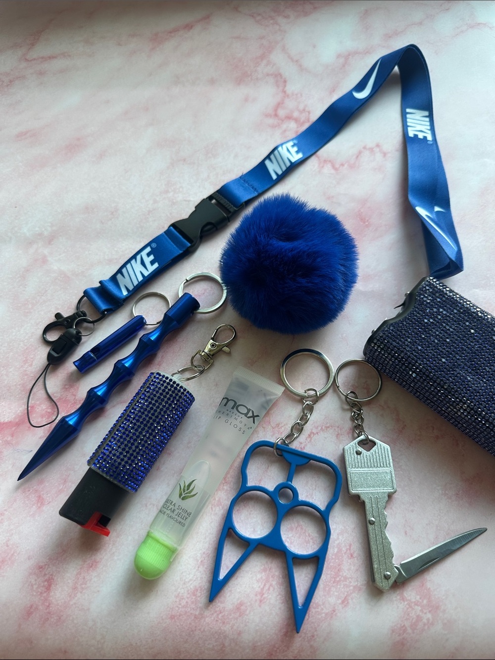 Nike Royal Blue Keychain Lanyard Set with Pom Pom and Accessories